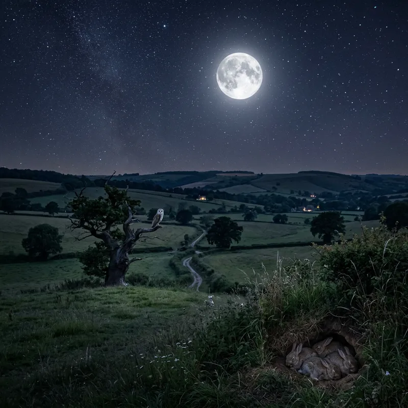 Peaceful Night with Twinkling Stars and Full Moon