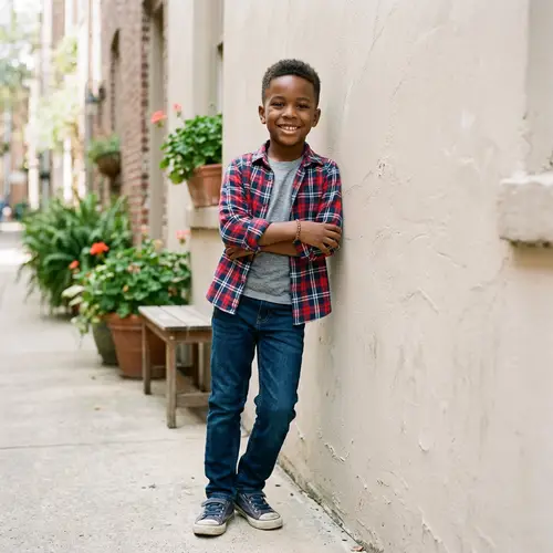 Charming Young Black Boy Leaning Against Wall