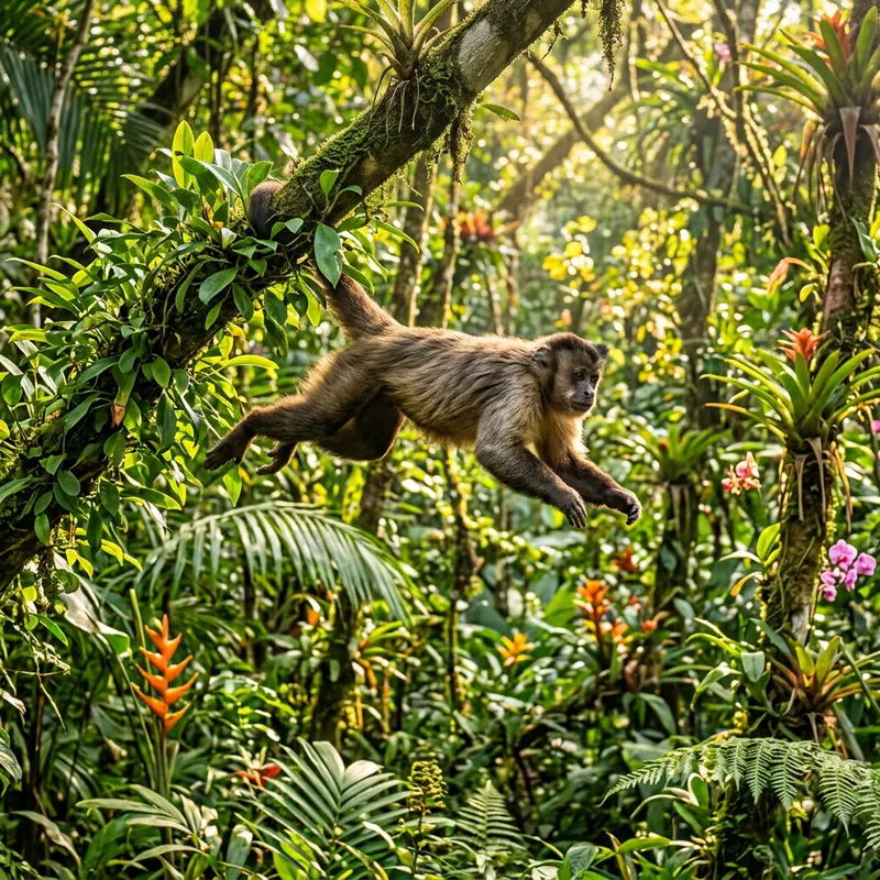 Green Forest Scene with Swinging Monkey - Lush Tropical Rainforest
