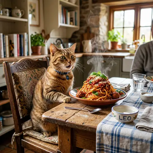 Amusing Cat at Table with Spaghetti | Cute & Funny Image