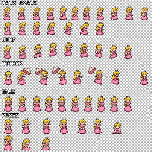 Princess Peach Game Sprite Sheet - Pixel Art Asset