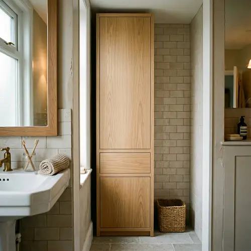 Tall Light Oak Columnar Cupboard - Perfect for Bathroom Nooks