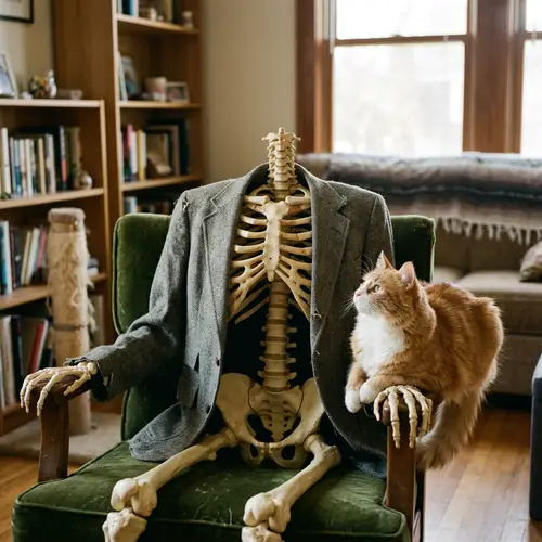 Headless Skeleton Next to Cat