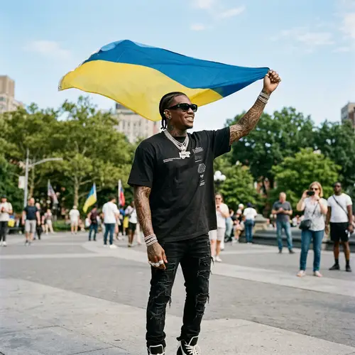 Stylish Rapper Waves Ukraine Flag | Modern Hip-Hop Style