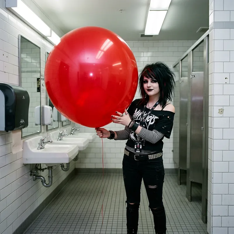 Unique Emo Babe with Red Balloon in Stylish Washroom
