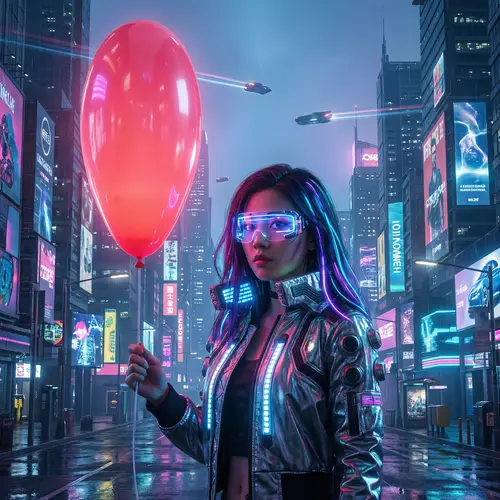 Futuristic Cyberpunk Female with Red Balloon in Neon Cityscape