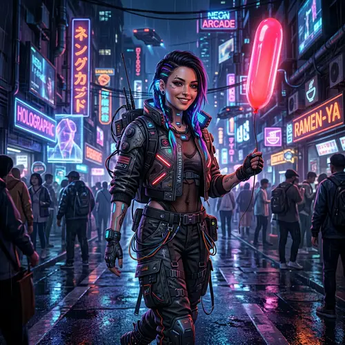 Charismatic Cyberpunk Fashion Model with Fluorescent Red Balloon