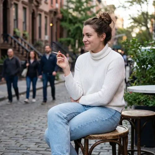 Urban Cafe Scene: Young Woman in Casual Attire