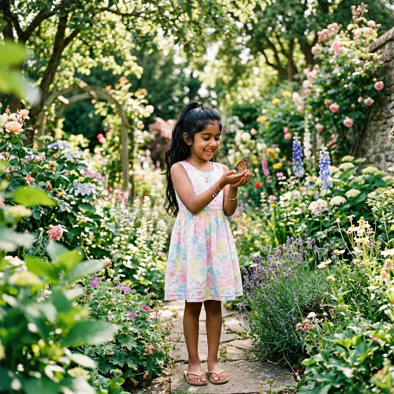 Charming Girl Surrounded by Flowers and Butterflies