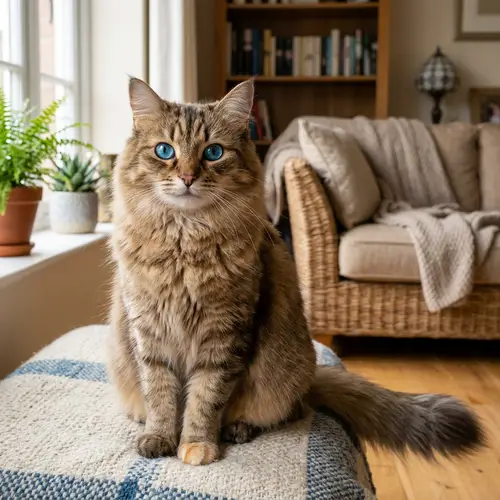 Medium-Sized Tawny Domestic Cat with Striking Blue Eyes