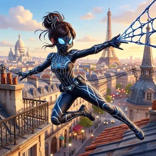 Female Spider Heroine in Black Super Suit