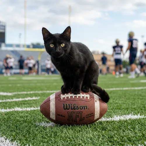 Black Cat on Football - Playful Feline Picture