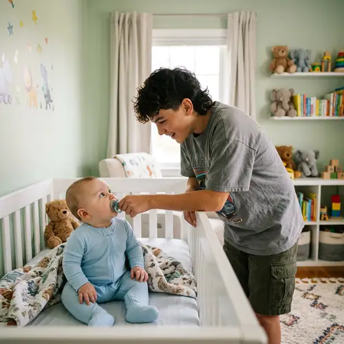 Curly Mullet Boy Sneaks to Take Pacifier from Baby Brother