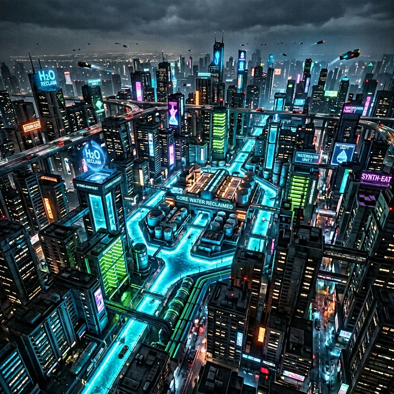 Advanced Water-Saving Technology in Vibrant Cyberpunk Cityscape