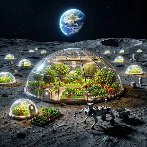 Surreal Moon Landscape with Agricultural Modules | Lunar Ecosystem