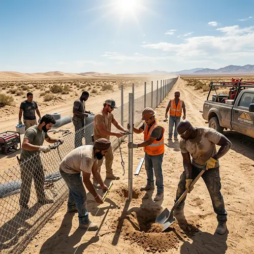 Diverse Group Building Perimeter Fence in Desert Landscape