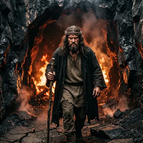 Robust Figure Entering Fiery Underworld with Fierce Expression