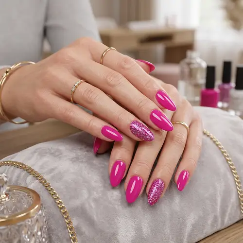 Stunning Fuchsia Almond Gel Nails with Glitter Accent