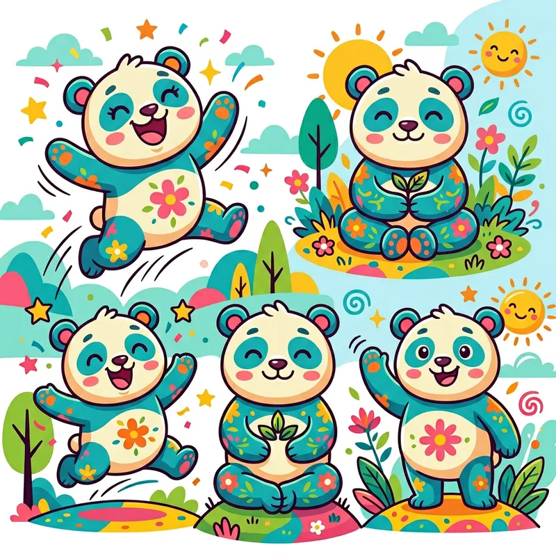 Cute and Vibrant Panda Character Poses in Vector Art Cute and Vibrant Panda Character Poses in Vector Art