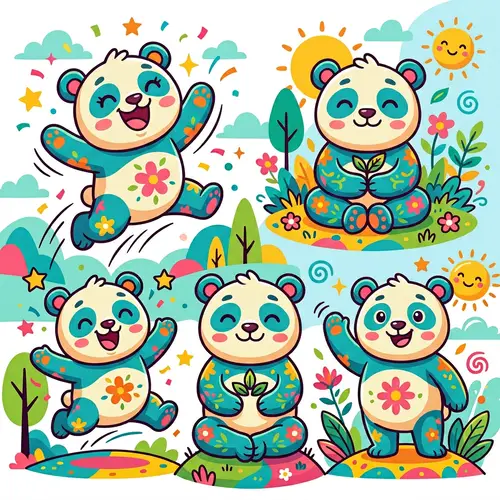 Colorful Panda Character in 3 Poses | Vector Artwork