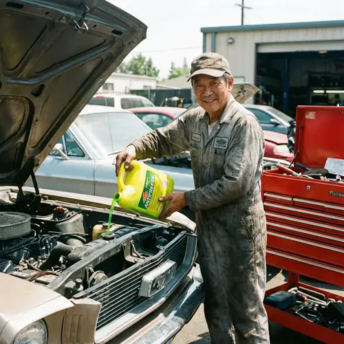Professional Asian Mechanic Pouring Antifreeze in Car Engine
