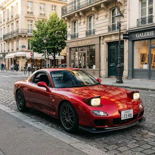 Sleek Mazda RX-7 Sports Car in Vibrant Red | City Street Scene