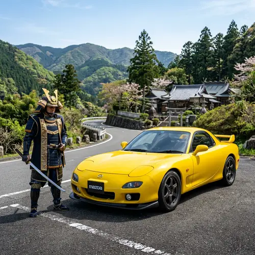 Stunning Yellow Mazda RX-7 with Samurai Standing By