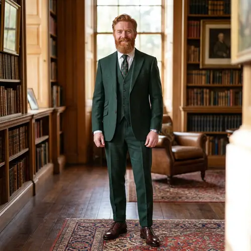 Stylish Red-Haired Man in Green Suit