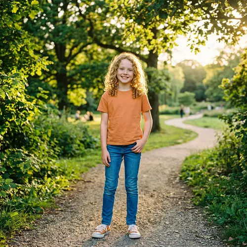Beautiful Caucasian Girl with Shiny Golden Curly Hair | Serene Park Setting