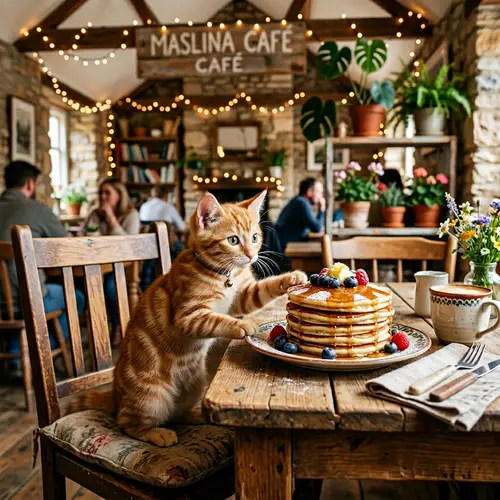 Adorable Cat Enjoying Pancakes at Maslina Cafe