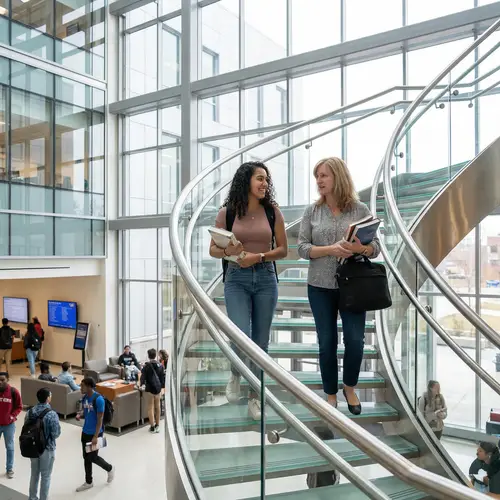 Modern Academic Diversity: Student Camaraderie on Spiral Staircase