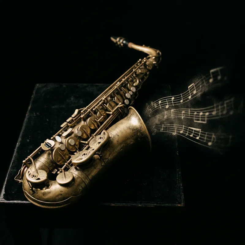Vintage Saxophone and Dusty Musical Notes on Dark Background