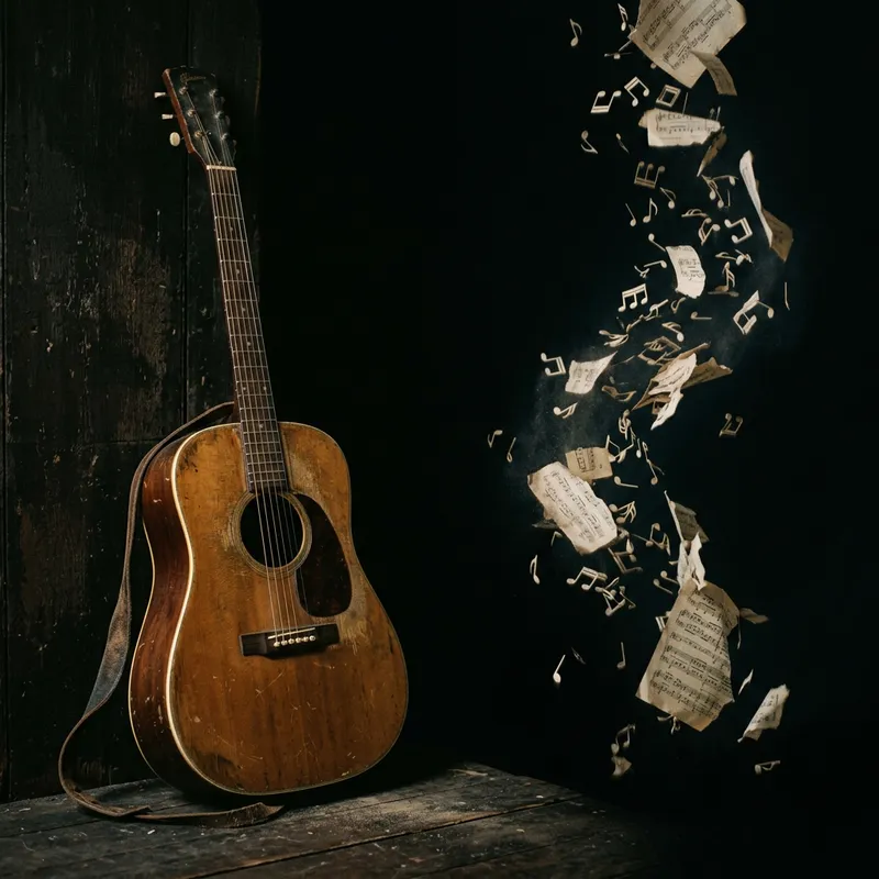 Aged Guitar and Dusty Musical Notes on Black Background