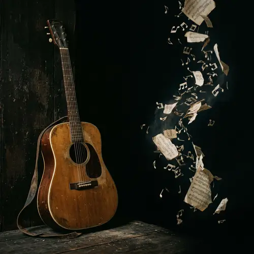 Aged Guitar with Dusty Notes on Black Background
