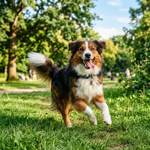 Energetic and Colorful Dog in a Lush Green Setting