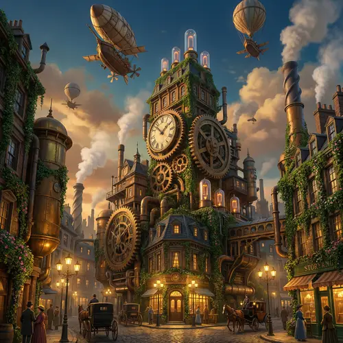 Whimsical Steampunk Cityscape at Dusk