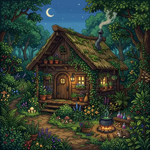 Pixel Art Wooden Witch Hut with Plants