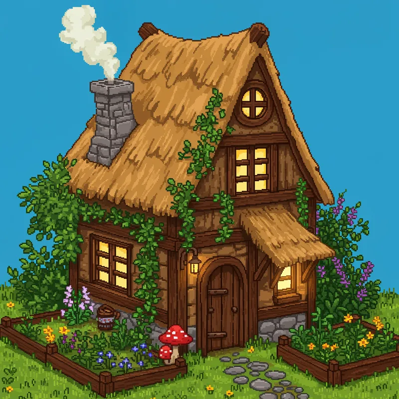 Pixel Art Wooden Witch Hut with Plants