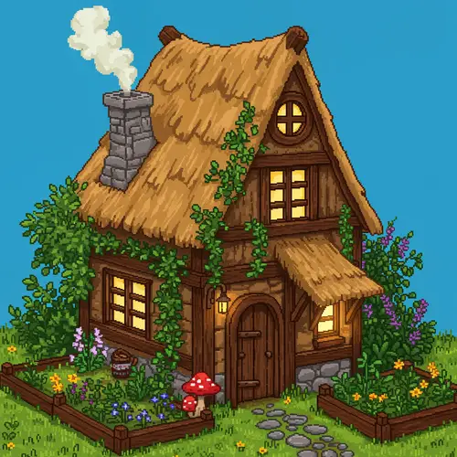 Pixel Art Wooden Witch Hut with Plants