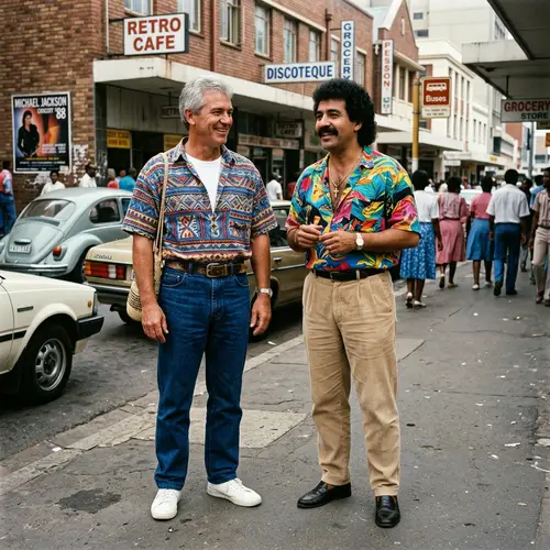 South African Man with Grey Hair and Colombian Man in 80s Style Clothing
