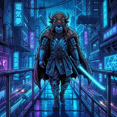 Cyberpunk Ninja in Bison Skin Kimono - Tron Inspired Artwork