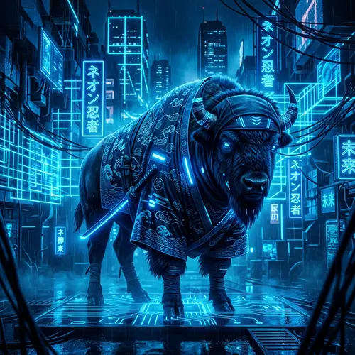 Robust Bison in Kimono: Futuristic Cyberpunk Scene