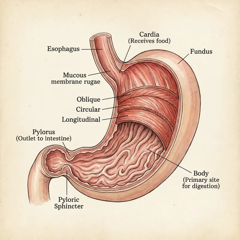 Anatomical Illustration of Female Stomach | Mucous Membrane & Muscle Layers