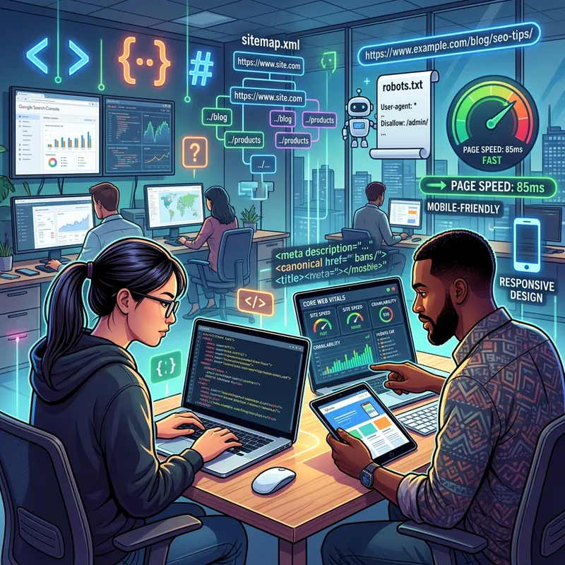 Detailed Technical SEO Illustration | Coding Symbols, Sitemaps Detailed Technical SEO Illustration | Coding Symbols, Sitemaps