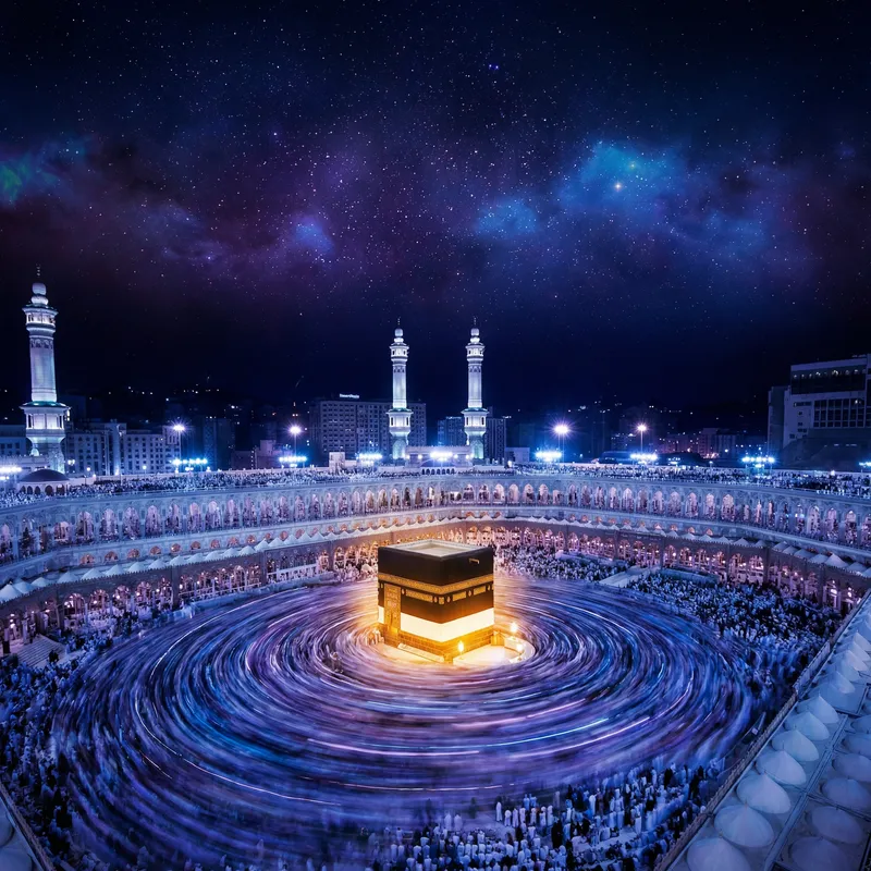 Breathtaking Night Scene in the Holy City of Mecca: Illuminated Kaaba in Ethereal Blues and Purples