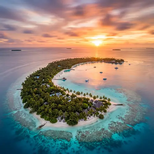 Tropical Island Sunset Paradise | Aerial View Palm Trees