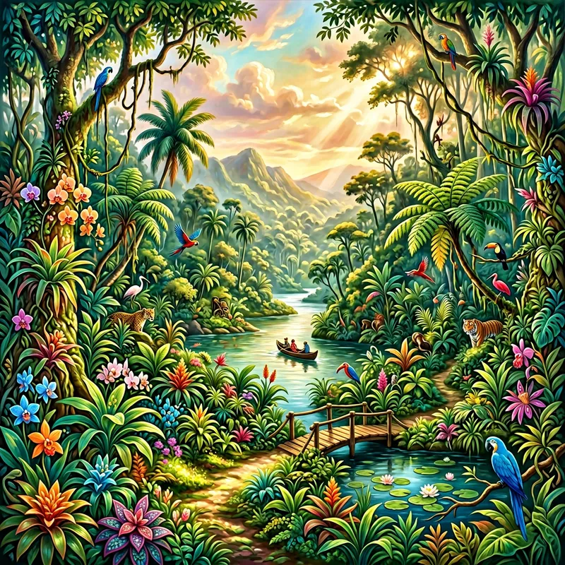 Vibrant Jungle Oasis | Henri Rousseau Inspired Paradise