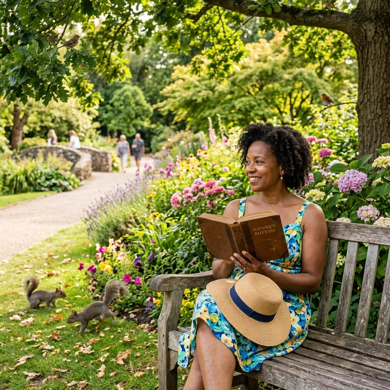Tranquil Park Scene Featuring a Mid-Aged Black Woman Reading Outdoors