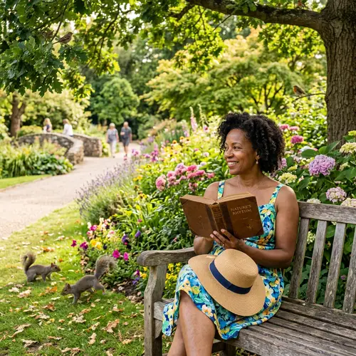 Tranquil Park Scene with Mid-Aged Black Woman Reading Outdoors