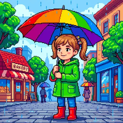 Pixelated Digital Illustration of Caucasian Girl under Multicolored Umbrella